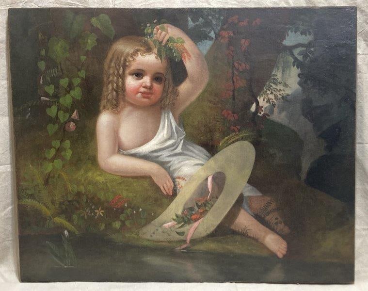 19th-Century Child at the Riverbank Oil on Canvas (1 of 5)