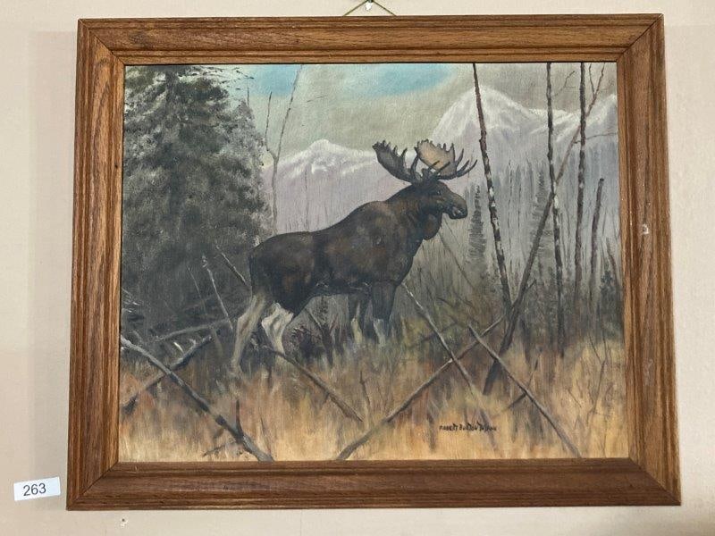 Robert Burton Mann Oil on Board Mountain Landscape with Bull Moose (1 of 4)