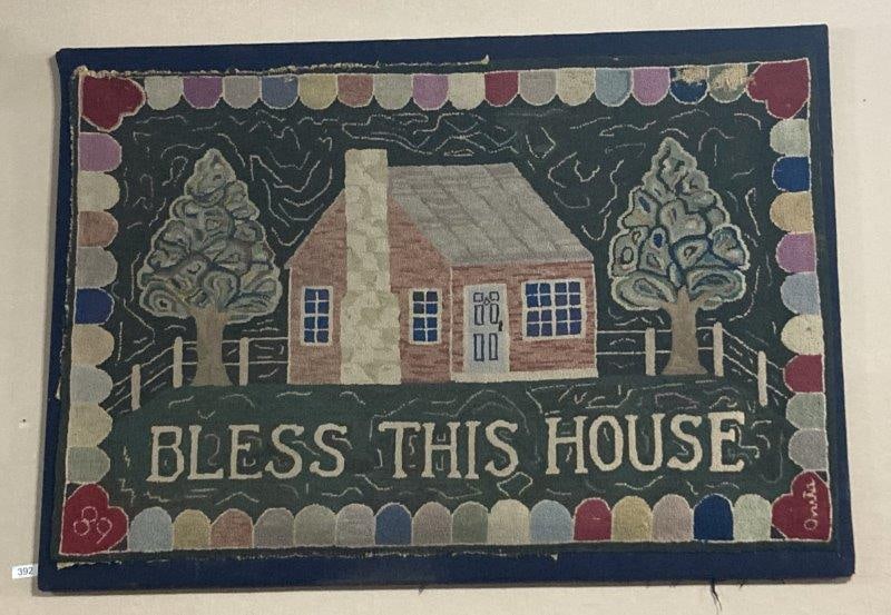 Mounted Pictorial Hooked Rug "Bless This House" (1 of 5)