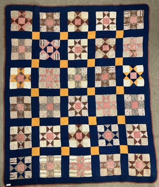 Antique Patchwork Quilt with Blue Borders (1 of 9)