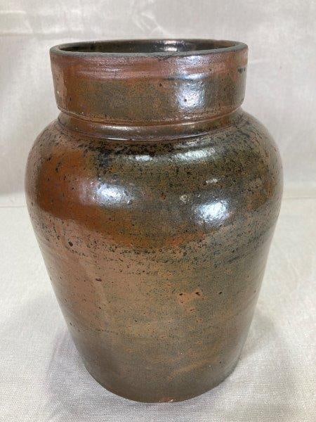 J.A. Bishop Storage Jar: Delray, GA. Wonderful food storage jar with makers stamp below rim. Measures approx.10''T x 7'' in diameter. Good condition.
