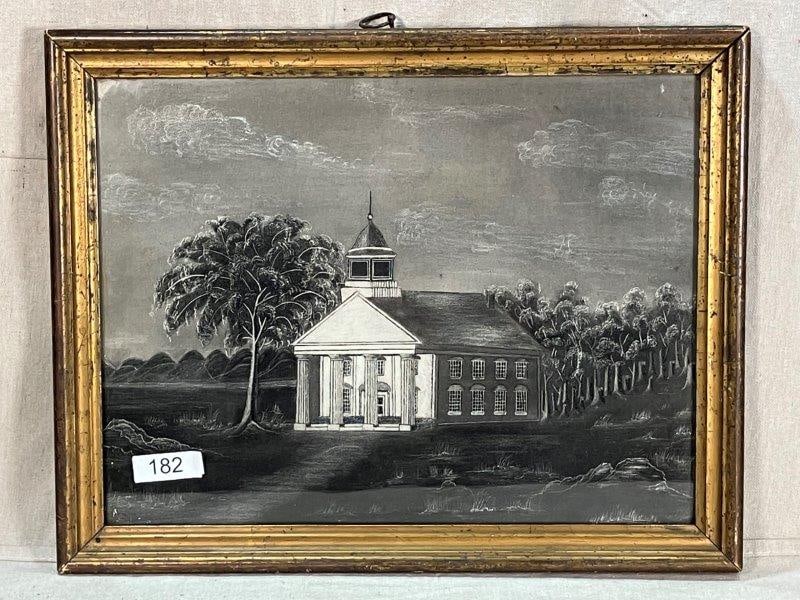 Southern Landscape Drawing: Large building in a Southern landscape, possibly a church or courthouse, depicted with architectural prominence. Measures 13 1/2'' x 16 1/2''. Good condition.