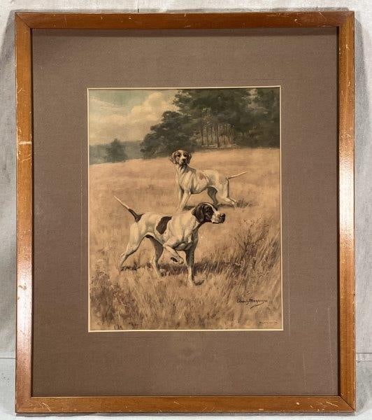 The Pointer Print, Edwin Megargee (1883-1985): Nice print of two Pointers in the field. Framed. Measures 20'' x 17''. Good condition.