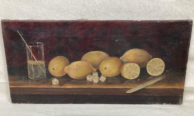 19th Century Still Life Oil on Canvas: Depicting lemons with sugar cubes and a glass of lemonadeâ€”complete with a seed resting at the bottomâ€”this finely detailed composition includes a sliced lemon and
