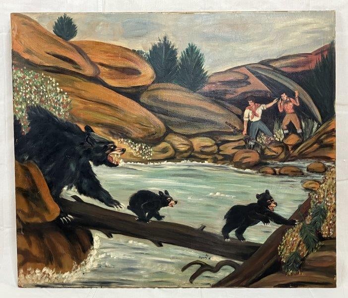 Henry N. Bears and the Fisherman: A striking folk art composition depicting a mother black bear and her two cubs crossing a rushing river atop a fallen log, as a pair of fishermen observe quietly from the opposite bank. Rendered in ri