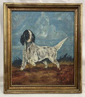 David Henderson, English Setter at Point: Expressive 1934 oil on canvas by David Henderson, depicting an English Setter intently focused on game, standing at point in an open field beneath a softly clouded sky. Signed David Henderson '34