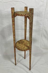 Polychromed Primitive Plant Stand: Vibrant primitive plant stand featuring bold red and yellow painted surfaces, tapered legs, and round display platforms.Measures approx. 41''H x 10'' in diameter. Good condition. Shipping available. 