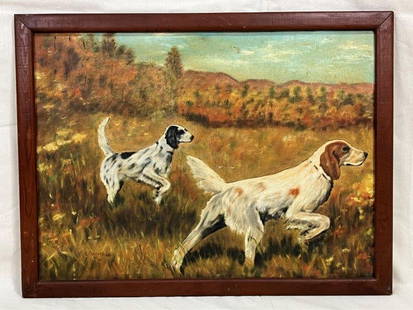 A. Dillard, English Setters in Landscape: Beautifully composed oil on canvas by A. Dillard, dated 1964, depicting two English Setters in a pointing stance at the center of a sunlit field, backed by a lush forest landscape. Signed and dated