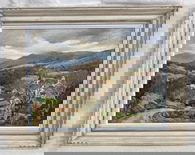 Jacob Greenleaf (1887 -1968), Winterville, Vermont Landscape: Stunning landscape by Massachusetts artist Jacob Greenleaf, titled Winterville, Vermont, depicting a serene mountain town rendered in soft, natural tones. Signed J. Greenleaf lower corner. Framed