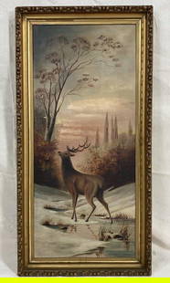 American School, Stag in Snowy Field: Evocative landscape depicting a large stag standing in a snowy field with a wooded backdrop. Classic American School composition with strong naturalistic detail. Presented in a period gilt frame.