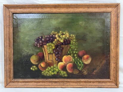 19th Century Still Life of Fruit: Charming composition featuring a central wooden bucket overflowing with grapes, surrounded by peaches and nuts, all set against a deep green background. Period-style frame. Some restoration noted;
