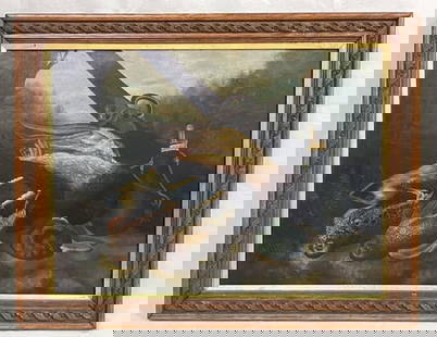American School, Nature Morte, Game Birds: Oil on canvas depicting a still life of game birds arranged on a forest floor, including a mallard duck and quails, with a musket powder flask nearby. A wooded mountain landscape sets the background.