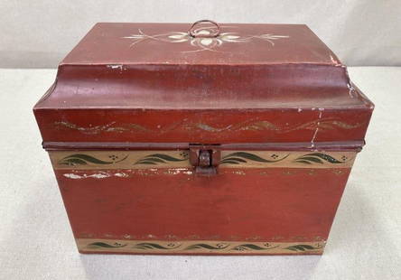 Decorative Toleware Document Box: Charming toleware document box featuring rich red paint with painted foliate decoration. Measures approx. 7 1/2''H x 9 1/4''W x 5 5/8''D. Displays some wear to the paint and a dent to the top corner