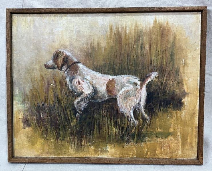 M. Hays, Sporting Dog in Field: Atmospheric 20th-century oil on canvas by M. Hays, depicting a sporting dog poised in a field of soft browns and greens. A well-composed scene capturing the alert stance and noble character of the hun