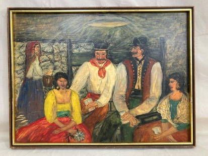 Spanish Gathering, Oil on Board: Engaging oil on board depicting a lively scene of five figures in conversation, rendered with warmth and expressive brushwork.Measures approx. 18 1/2''H x 24 1/2''W. Good condition. Shipping
