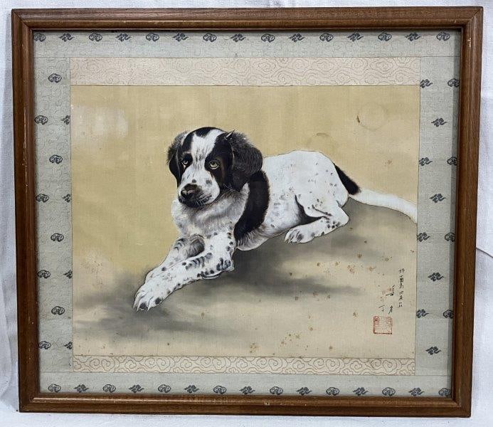 Chinese Watercolor on Silk of Dog: Framed and matted watercolor of a dog laying down in a hunting posture, executed on silk. Signed on the lower left. Measures approx. 19 1/8'' x 21 1/2''. Good condition with some spotting on the fabri