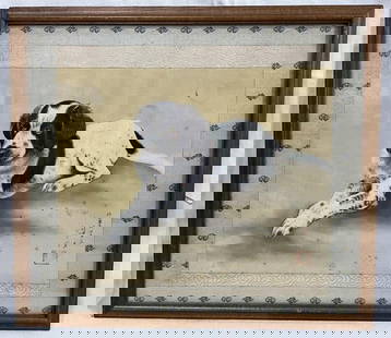 Chinese Watercolor on Silk of Dog: Framed and matted watercolor of a dog laying down in a hunting posture, executed on silk. Signed on the lower left. Measures approx. 19 1/8'' x 21 1/2''. Good condition with some spotting on the