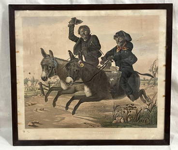 Colored Engraving of Two Donkey Riders: Hand-colored engraving published in London, 1852, engraved by Charles Hunt after a painting by J.A. Fitzgerald. Framed dimensions approx. 23''H x 26''W. Some foxing and discoloration. Shipping