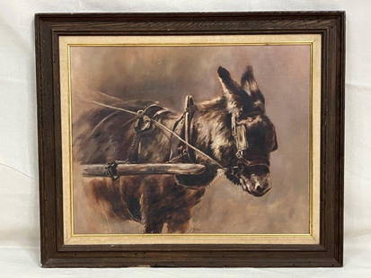 E. Roslion, A Donkey: Charming oil on board by E. Roslion, depicting a donkey in full harness rendered in muted brown tones. Signed lower center. Framed dimensions approx. 20 1/2''H x 24 1/2''W. Good condition with slight