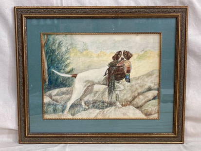 Sporting Dog with Pheasant, Watercolor: Well-executed watercolor depicting a pointer with pheasant in mouth, poised on a rocky outcropping with brush-filled background. Unsigned. Measures approximately 18 1/2'' x 22 1/2''. Good condition.