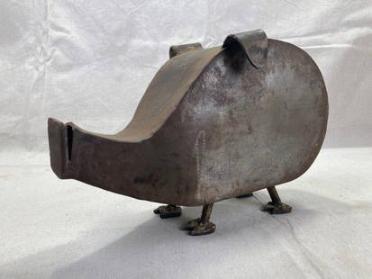 Folk Art Steel Piggy Bank: Whimsical design crafted from steel with a charming handmade aesthetic. Measures approx. 8 1/4''T x 6''W x 13''D. Some rust present. Shipping available. 
