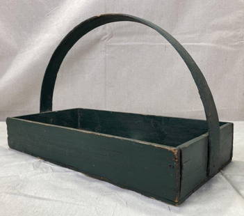 Primitive Painted Fig Tray: Likely used for gathering figs or produce. Measures approximately 10''H x 8''W x 16''D. Good condition with light wear. Shipping available. 