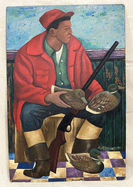 American School (20th Century): "Duck Hunt" Folk art painting on board. A vibrant and expressive folk art scene featuring an African American man seated in preparation for a duck hunt. Executed in a bold palette of reds, blues, gree