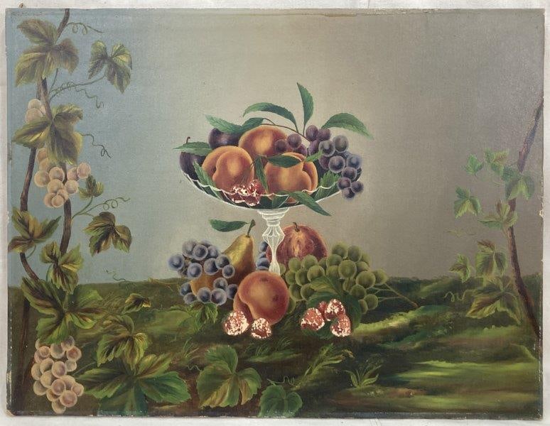 American School Still Life: Classic still life painting depicting a central compote brimming with fruit, surrounded by additional fruit and foliage. Executed in rich, traditional tones. Unframed. Measures approximately 19'' x 25