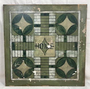 Hand-Painted Vintage Game Board: Charming hand-painted wooden game board featuring a stylized home at the center, rendered in green and white paint. A wonderful example of American folk art with graphic appeal and surface wear