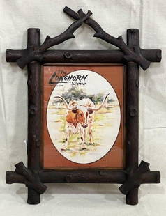 Folk Art Criss Cross Frame: "The Longhorn Scene, Feb. 1988" Framed magazine cover presented in a carved folk art criss cross frame styled to resemble tree logs. Warm aged patina with rustic appeal. Measures approx. 16'' x 20''.