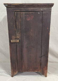 Southern Painted Yellow Pine Jelly Cupboard: Charming primitive Southern cupboard crafted from yellow pine, featuring a worn old painted surface, bed molding cornice, and a cut-out skirt on the sides. Hinged door opens to reveal three interior