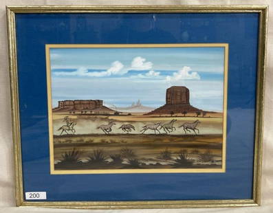 Eddie Tsosie, Western Landscape: Dynamic watercolor by Eddie Tsosie depicting a cowboy chasing horses across a desert plain, with distant plateaus rising in the background. Signed lower right. Framed dimensions approx. 17''H x