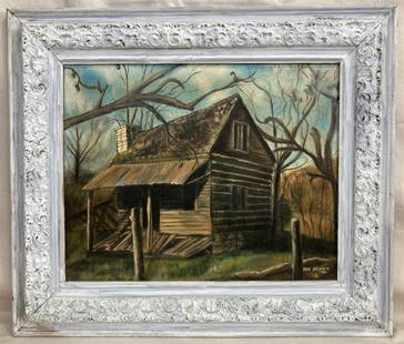 Kay McNatt, The Cabin, 1984: Peaceful mountain scene by Kay McNatt, titled The Cabin, depicting an old rustic cabin nestled in a serene mountain landscape. Signed and dated lower right, 1984. Framed dimensions approx. 23''H x 27