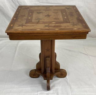 American Folk Art Marquetry Table: Exceptional handcrafted table featuring intricate inlaid motifs including stars, hearts, and diamonds. Square top over a central pedestal base with complimentary star inlay. A striking example of