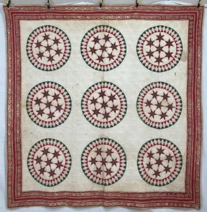 Handmade Seven Stars in a Circle Quilt: This striking quilt features the traditional Seven Stars in a Circle pattern, with vibrant red and green stars arranged in circular formations against a pure white ground. The bold, symmetrical