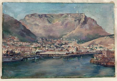 Seascape Oil on Canvas - Coastal Town with Mountains: Atmospheric seascape oil painting depicting a seaside town nestled beneath towering mountains, with boats gently moored in the harbor. Richly detailed and evocative, capturing both natural beauty and