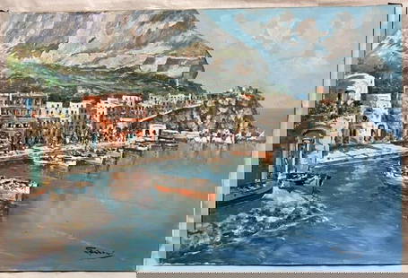 European Seascape Oil on Canvas: Beautifully rendered oil on canvas depicting a vibrant European seaside town, with boats docked in the harbor and majestic mountains rising in the background. A captivating composition with rich