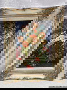 Early 20th Century Still Life: Vibrant still life depicting a bright floral bouquet in a vase with butterflies fluttering in the foreground. Framed in a period-appropriate frame. Measures approximately 22 5/8'' x 18 3/8''. Some