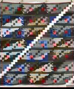 Handmade Log Cabin Quilt: A classic example of the beloved Log Cabin pattern, this quilt is constructed from a wide array of fabric scraps, each strip carefully arranged to create a strong geometric composition radiating from