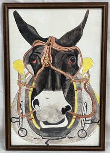 Warren Pack, Donkey in Harness: Expressive mixed media work by Warren Pack, dated 11-25-79, depicting a red-eyed donkey in full harness. Rendered in pencil, ink, and watercolor with fine detail and character. Signed and dated lower