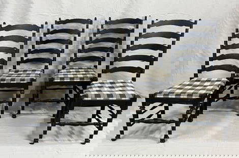 Set of Four Painted Ladder-Back Chairs: Handsome set of four ladder-back chairs featuring shaped splats, turned legs, and front stretchers, all in a classic black painted finish. Seats are upholstered in a charming checkered fabric. Each