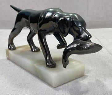 Metal Pointer Dog Sculpture with Game Bird: Detailed metal sculpture of a pointer in mid-stride, carrying a game bird in its mouth, mounted on a polished marble base. Measures approx. 4''H x 9''W x 2 1/2''D. Good condition. Shipping available. 