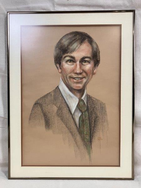 Portrait of a Man, 1979: Oil pastel on paper depicting a male figure in muted tones. Signed SHS and dated 1979. Matted and framed. Measures approximately 18'' x 24''. Good condition with light wear. Shipping available.