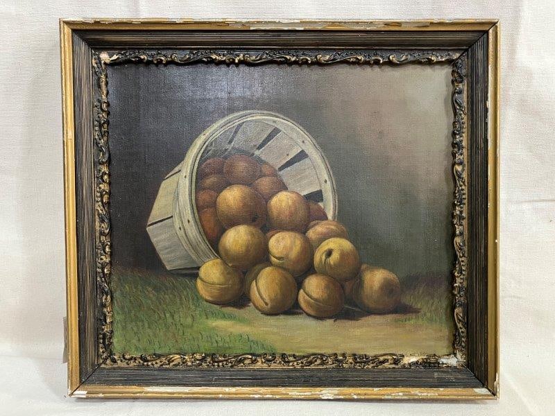 19th Century Still Life of Peaches: Charming still life depicting an overturned country basket spilling ripe peaches, rendered with rich color and texture. Presented in a gold frame. Measures approximately 14'' x 16''. Some light crazin
