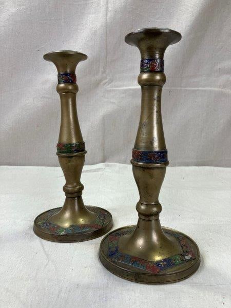 Pair of Brass Candlesticks with Enameled Floral Bands (1 of 13)
