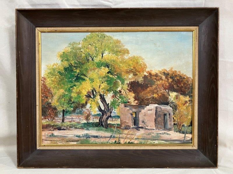 D.M. Calvery, Landscape with Trees and Building: Serene landscape by D.M. Calvery depicting a stand of trees and an old building nestled within a fenced field. Rendered in soft, natural tones with an eye for atmosphere and rural charm. Framed dimens