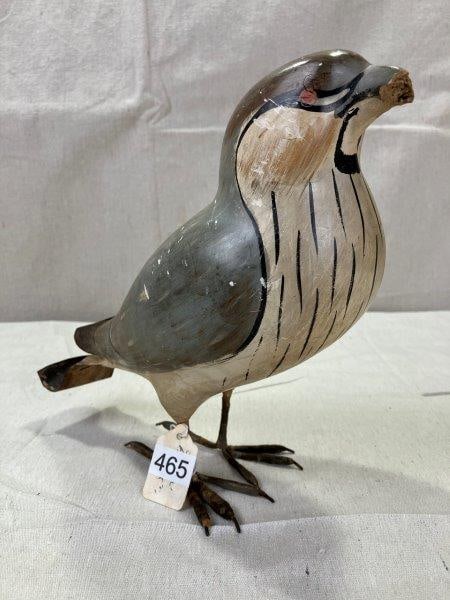 Painted Paper Mache Falcon: Charming paper mâché falcon featuring detailed hand-painted decoration and expressive form. Measures approx. 9''H x 11''L. Some loss to the beak and paint. Shipping available.