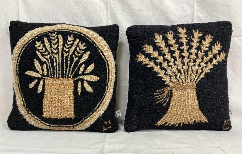 Hooked Pillow with Wheat Motif: Black and gold color scheme featuring a stylized wheat design. Measures approx. 18'' x 16 1/2''. Some wear present. Shipping available.