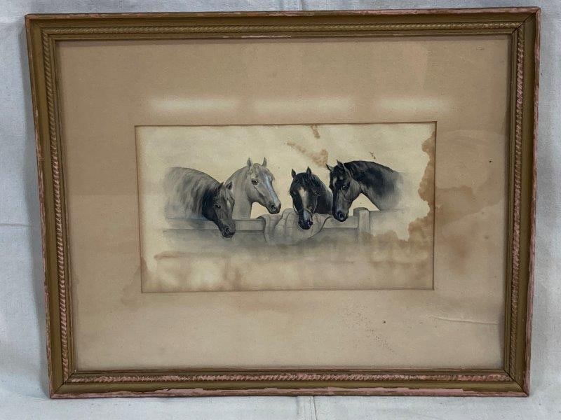 Watercolor of Four Horses: Expressive watercolor depicting four horses, framed and matted for display. Soft natural tones and lively composition. Measures approximately 15 1/2'' x 20''. Some water damage present. Shipping avail