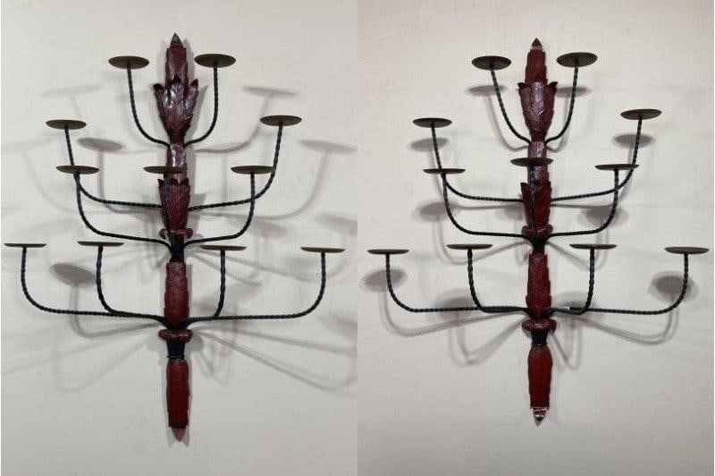 Pair of Large Tole and Iron Pillar Candle Sconces (1 of 11)